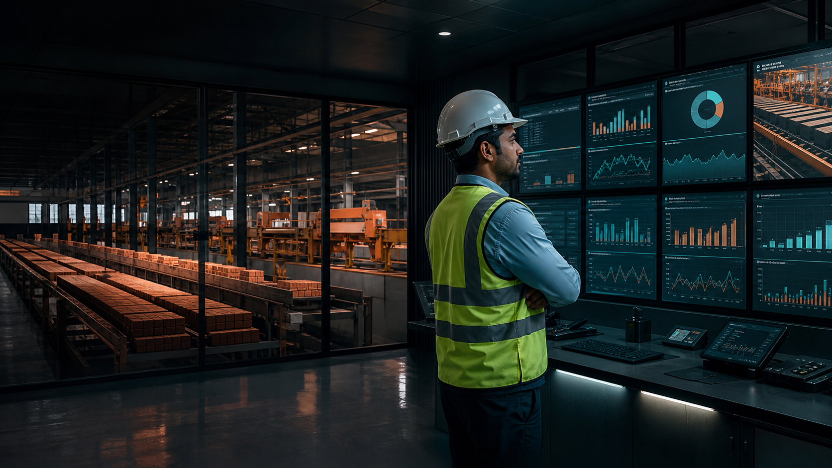 Factory supervisor reviewing production records